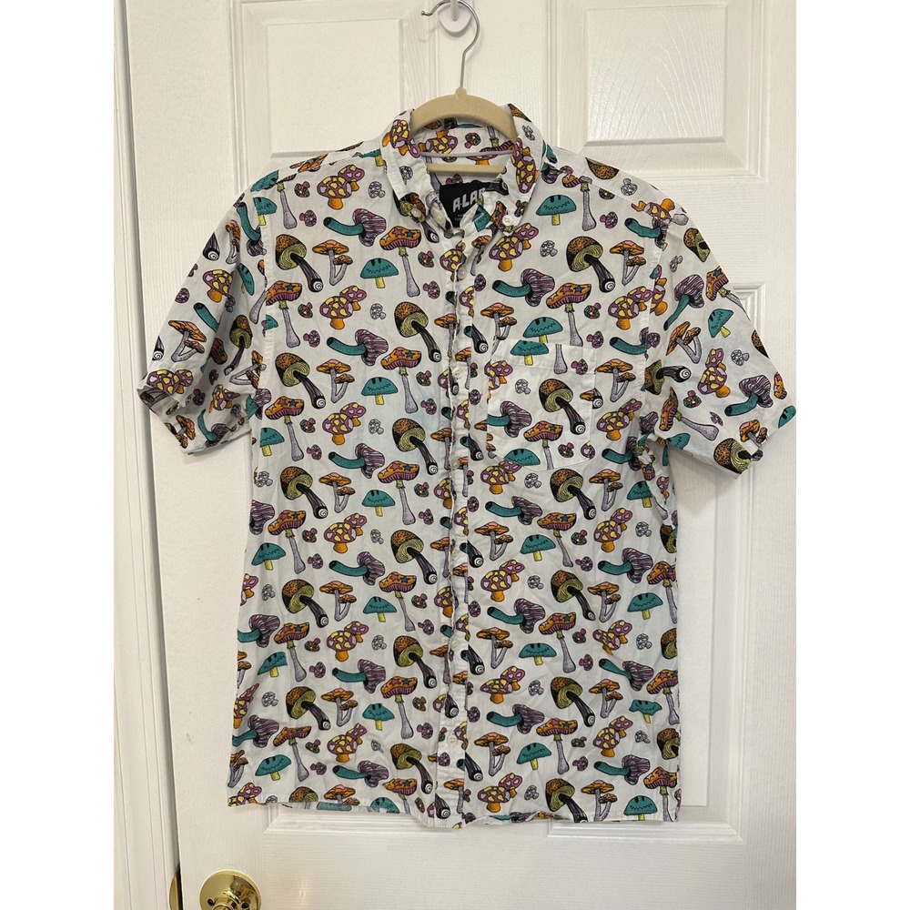 A-Lab Mens Mushroom Print Button Down Shirt Short Sleeve White Psychedelic M